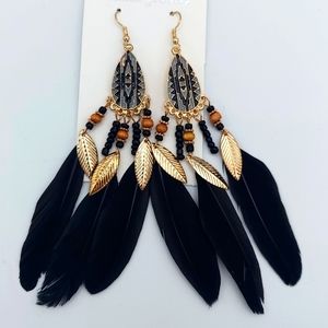 Black Feather wood seed bead gold accent dangle earrings NEW